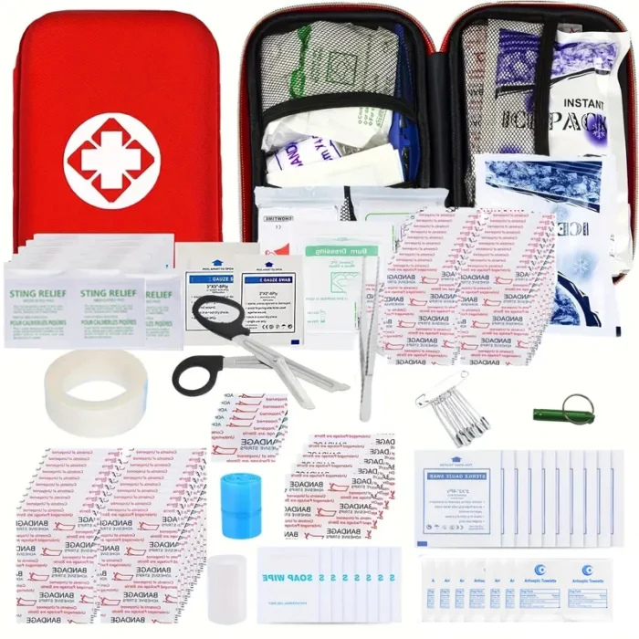 Compact medical survival kit/box with lightweight hard case for outdoor camping, hiking, etc. at home, workplace, etc
